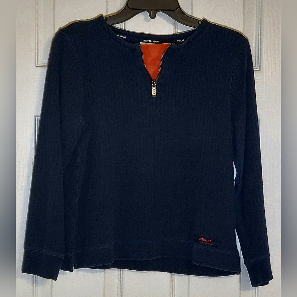 Liz Claiborne SP Navy Blue Ribbed Cotton Shirt with Orange Accent